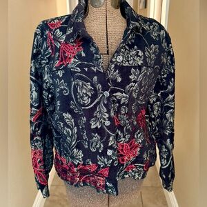 Chico's blazer jacket. Black with Red and Light Gray Floral Embroidery
